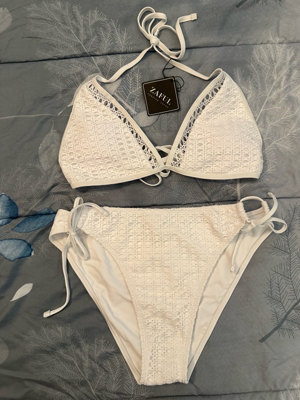 NWTS ZAFUL White Crochet Tie-Side Bikini Set - Women's Swim Sz L